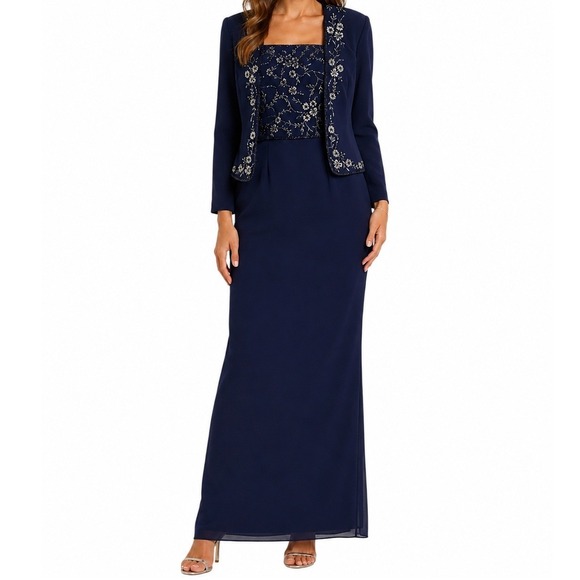 Montage Collection by Mon Cheri Dresses & Skirts - Montage by Mon Cheri Navy Blue Beaded Floral Maxi Dress And Bolero Jacket 8